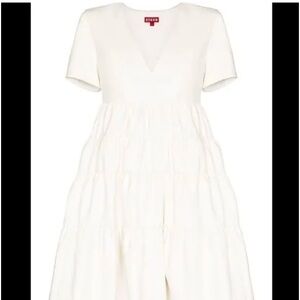 STAUD Cream V-Neck Tiered Midi Dress